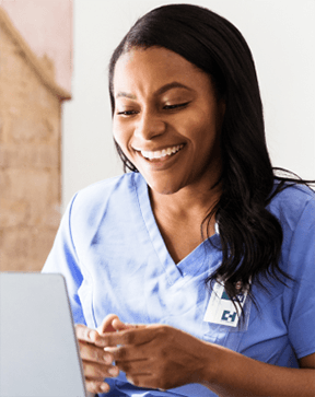Nurse chatting on video call with person living with chronic skin condition; psoriasis, eczema/atopic dermatitis, & vitiligo
